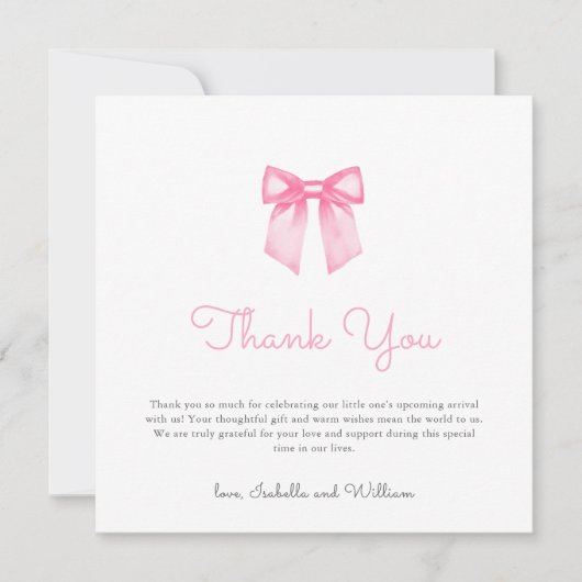 Modern Elegant Pink Bow Baby shower Bedankkaart (Voorkant)