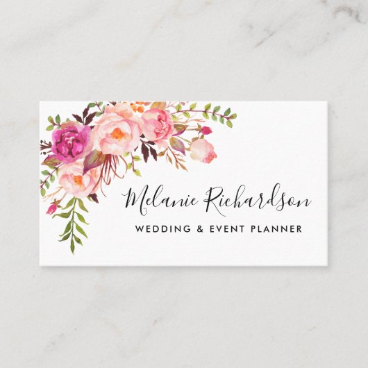 Modern Elegant Pink Floral Greenery Visitekaartje (Voorkant)