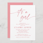 Modern Elegant Pink Het is een meisje Script Baby  Kaart (Voorkant / Achterkant)