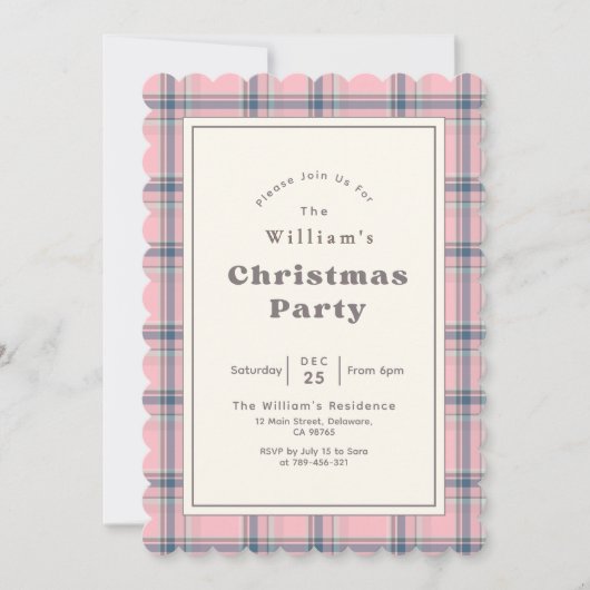 Modern Elegant Pink Plaid Christmas Party Kaart (Voorkant)