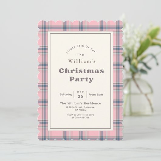 Modern Elegant Pink Plaid Christmas Party Kaart (Staand voorkant)