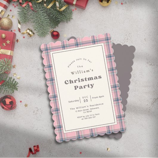 Modern Elegant Pink Plaid Christmas Party Kaart