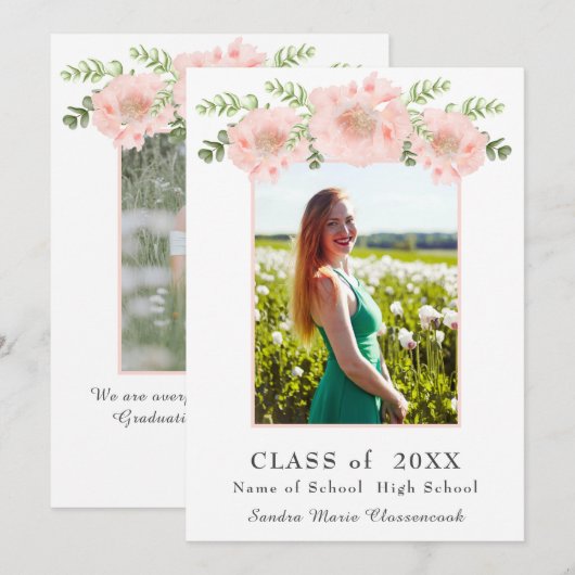 Modern Elegant Pink Poppy floral afstuderen Aankondiging (Voorkant / Achterkant)