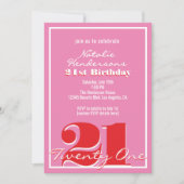 Modern Elegant Pink Red Retro 21st Birthday  Kaart (Voorkant)