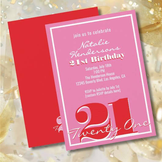 Modern Elegant Pink Red Retro 21st Birthday  Kaart