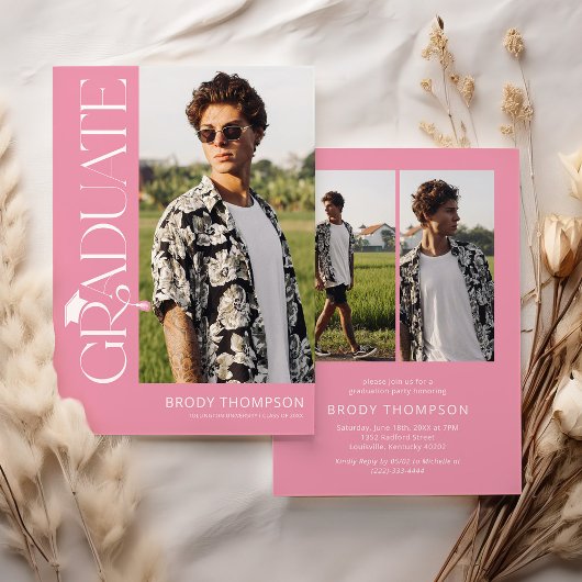 Modern Elegant Pink & White 3 Photo Graduation Kaart