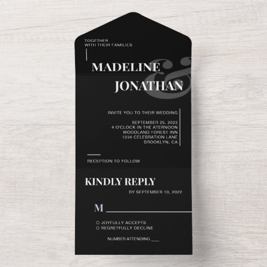 Modern Elegant Plain Black White Bold Wedding RSVP All In One Uitnodiging (Binnen)