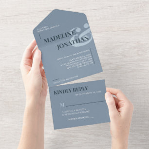 Modern Elegant Plain Dusty Blue Bold Wedding RSVP All In One Uitnodiging