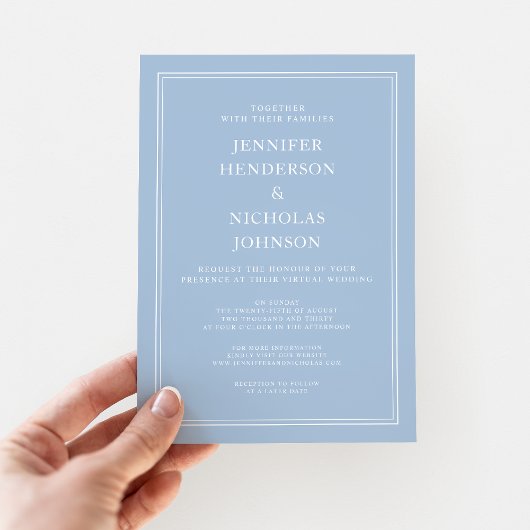 Modern Elegant Poederblauw Virtuele bruiloft Kaart