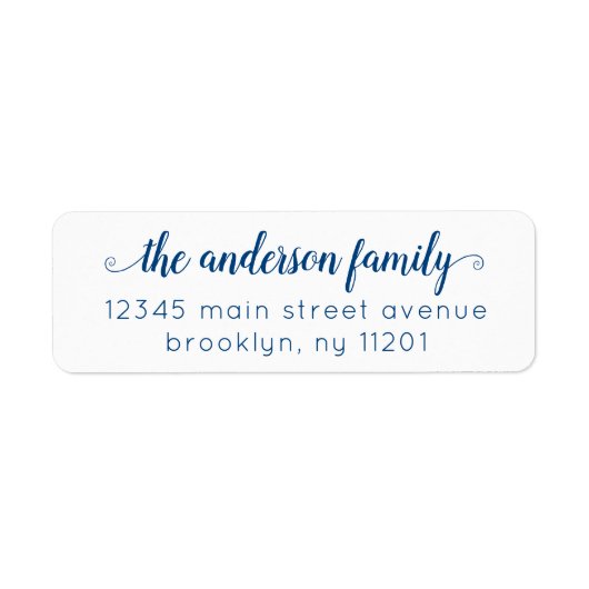 Modern Elegant Preppy Navy Blauw Script Familie Etiket (Voorkant)