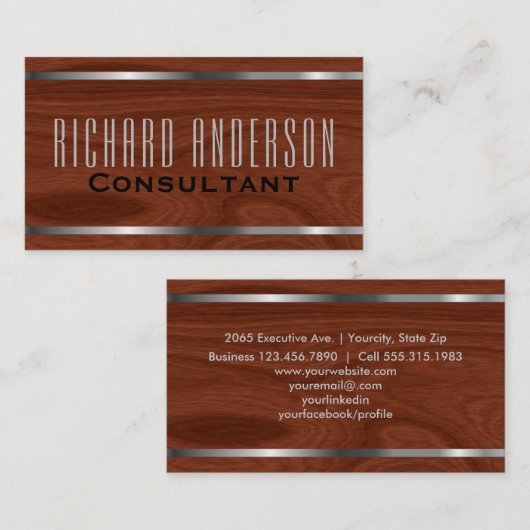Modern Elegant Professional Wood Grain Metal Kijk Visitekaartje (Voorkant / Achterkant)
