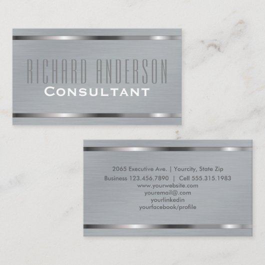 Modern elegant professioneel grijs geborsteld meta visitekaartje (Voorkant / Achterkant)