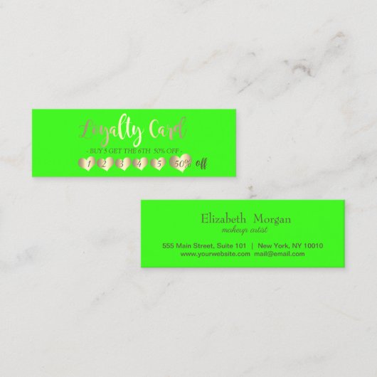 Modern elegant professioneel hart Neon Green Klantenkaartje (Voorkant / Achterkant)
