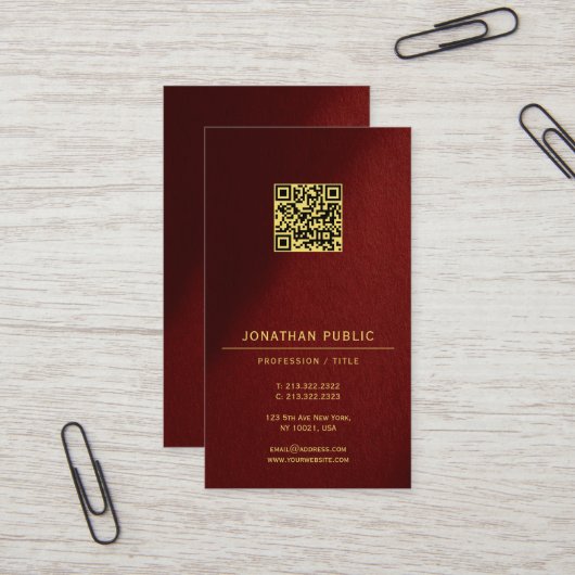 Modern Elegant QR Code Template Gold Text Vertical Visitekaartje (Voorkant / Achterkant in situ)
