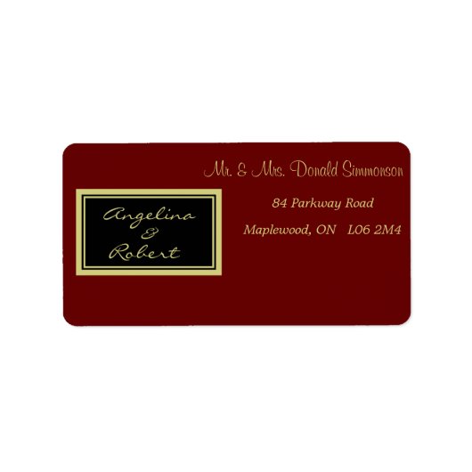 Modern Elegant Red and Gold Script Weduwlabel Etiket (Voorkant)
