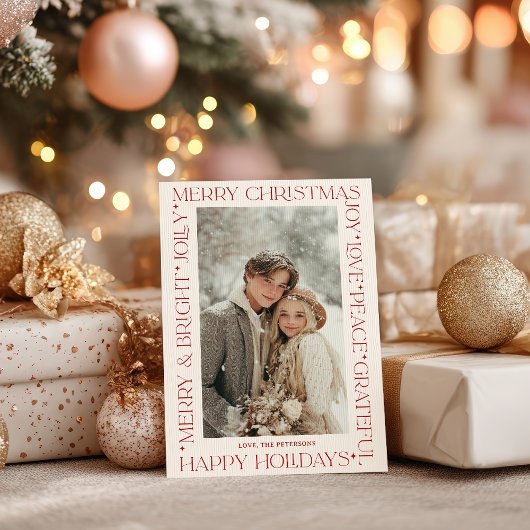 Modern Elegant Red Christmas Words Photo Kaart