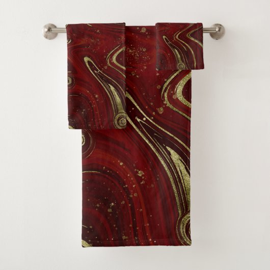 Modern Elegant Red & Gold Marble Swirl Bad Handdoek (Insitu)