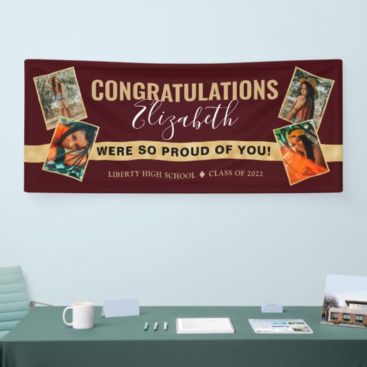 Modern Elegant Red Gold Photo Collage Afstuderen Spandoek (Beurs)