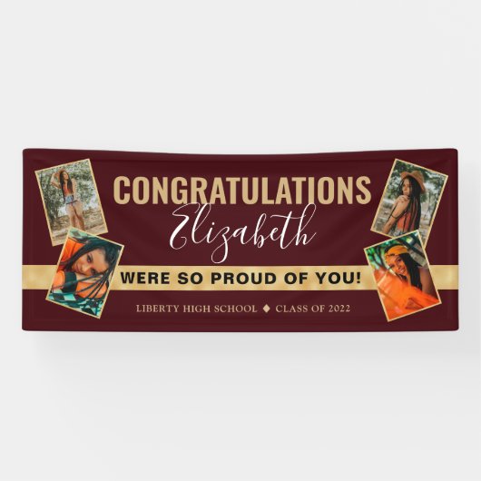 Modern Elegant Red Gold Photo Collage Afstuderen Spandoek (Horizontaal)