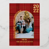 Modern Elegant Red Gold Tartan Past Kerstmis Folie Feestdagenkaart (Voorkant)