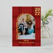 Modern Elegant Red Gold Tartan Past Kerstmis Folie Feestdagenkaart (Staand Voorkant)