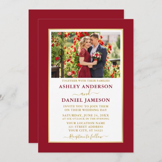 Modern Elegant Red Gold Wedding Kaart (Voorkant / Achterkant)