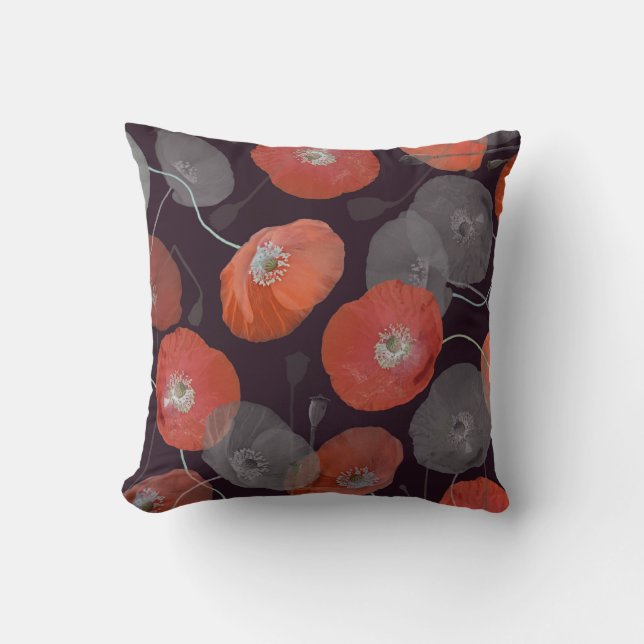 Modern Elegant Red Gray Poppy Flowers Kussen (Voorkant)