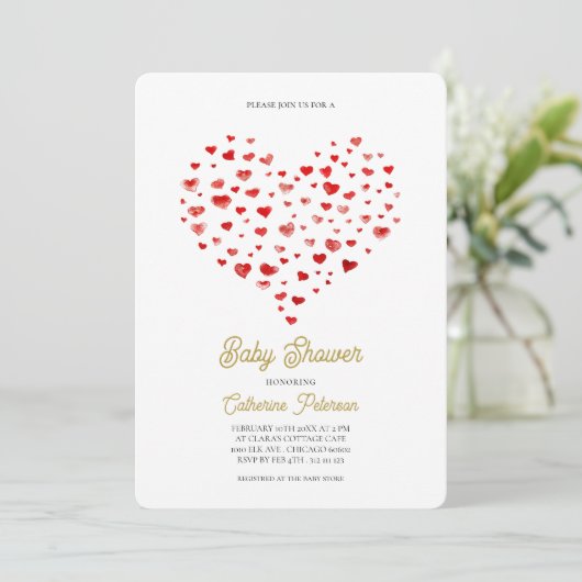 Modern Elegant Red Hearts Baby shower Kaart (Staand voorkant)