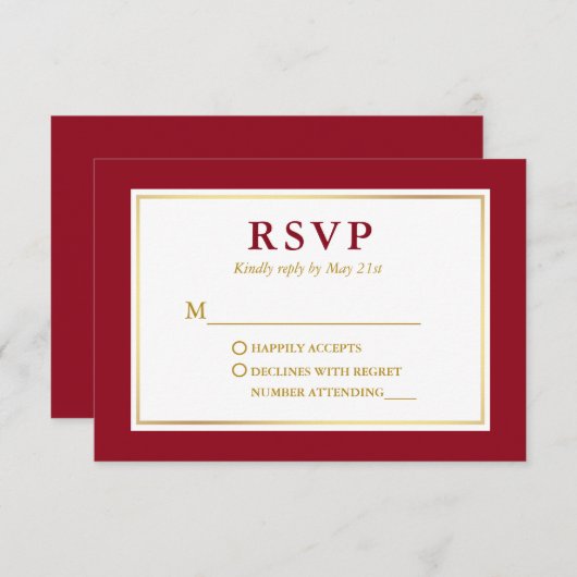 Modern Elegant Red White Gold RSVP Kaartje (Voorkant / Achterkant)