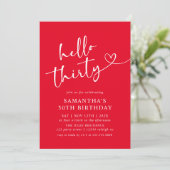 Modern Elegant Red White Hello 30th Birthday Party Kaart (Staand voorkant)