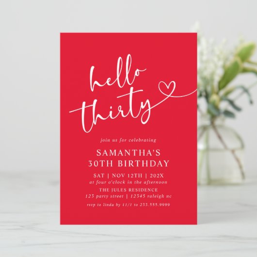Modern Elegant Red White Hello 30th Birthday Party Kaart (Staand voorkant)