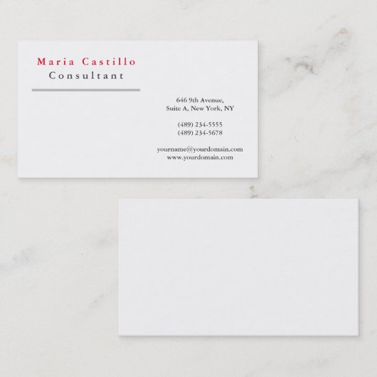 Modern Elegant Red White Minimalist Plain Visitekaartje (Voorkant / Achterkant)