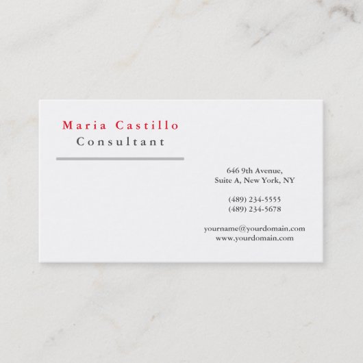 Modern Elegant Red White Minimalist Plain Visitekaartje (Voorkant)