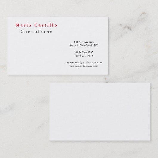 Modern Elegant Red White Minimalist Plain Visitekaartje (Voorkant / Achterkant)