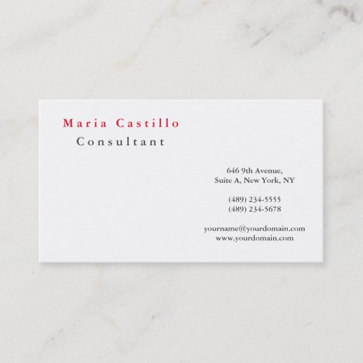 Modern Elegant Red White Minimalist Plain Visitekaartje (Voorkant)