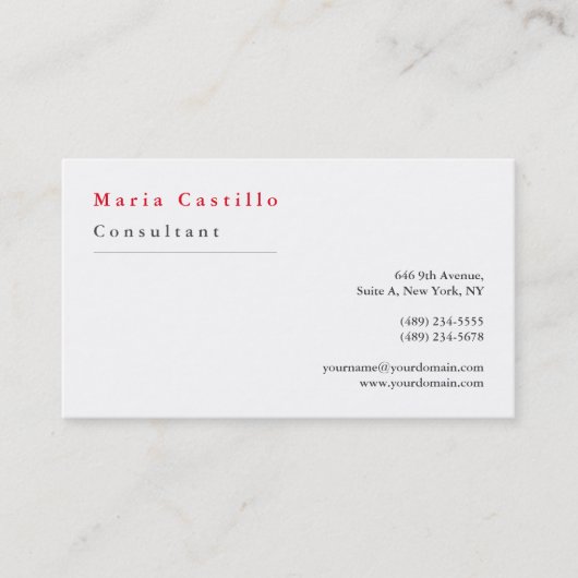 Modern Elegant Red White Minimalist Plain Visitekaartje (Voorkant)