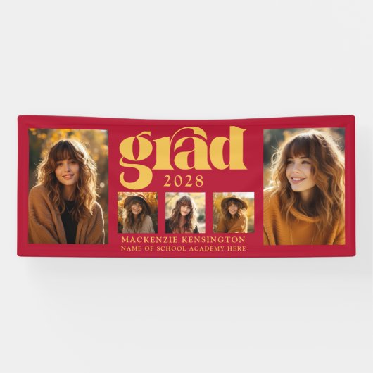 Modern Elegant Rood Goud Afstuderen Fotocollage Spandoek (Horizontaal)