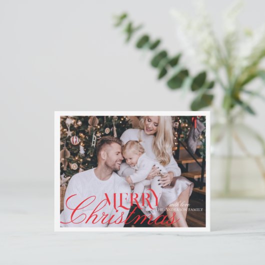 Modern Elegant rood script Kerstmis Familie Foto Feestdagenkaart (Staand voorkant)
