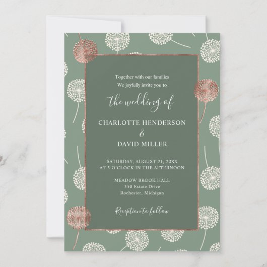 Modern Elegant Roos Gold Dandelion Green Wedding Kaart (Voorkant)