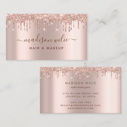 Modern Elegant Roos Gold Glitter Beauty Salon Busi Visitekaartje (Voorkant / Achterkant)