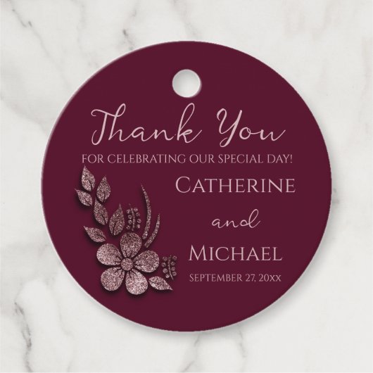 Modern Elegant Roos Gold Glitter Floral & Burgundy Bedankjes Labels (Voorkant)