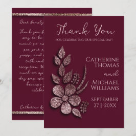 Modern Elegant Roos Gold Glitter Floral & Burgundy Bedankkaart