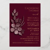 Modern Elegant Roos Gold Glitter Floral & Burgundy Folie Uitnodiging (Voorkant)