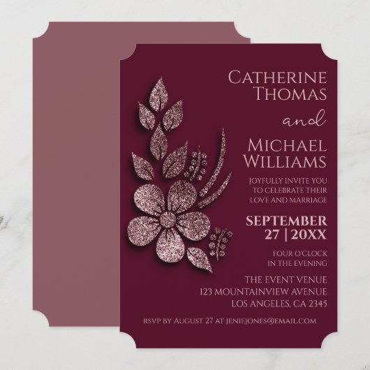 Modern Elegant Roos Gold Glitter Floral & Burgundy Kaart (Voorkant / Achterkant)