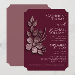 Modern Elegant Roos Gold Glitter Floral & Burgundy Kaart