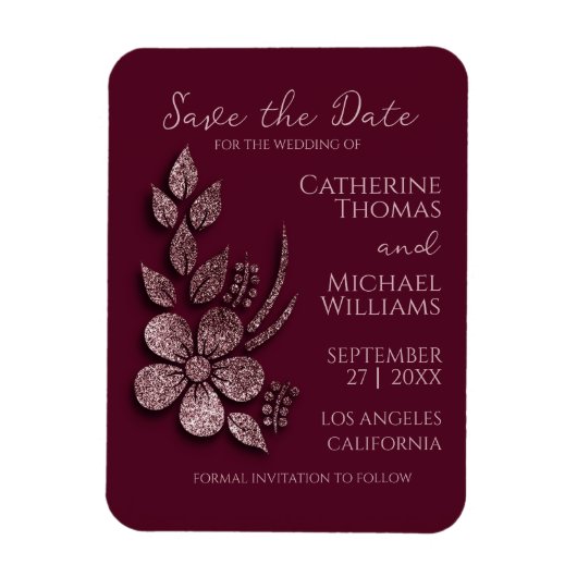 Modern Elegant Roos Gold Glitter Floral & Burgundy Magneet (Verticaal)