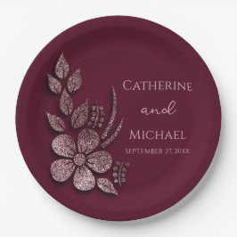 Modern Elegant Roos Gold Glitter Floral & Burgundy Papieren Bordje