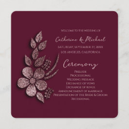 Modern Elegant Roos Gold Glitter Floral & Burgundy Programmakaart