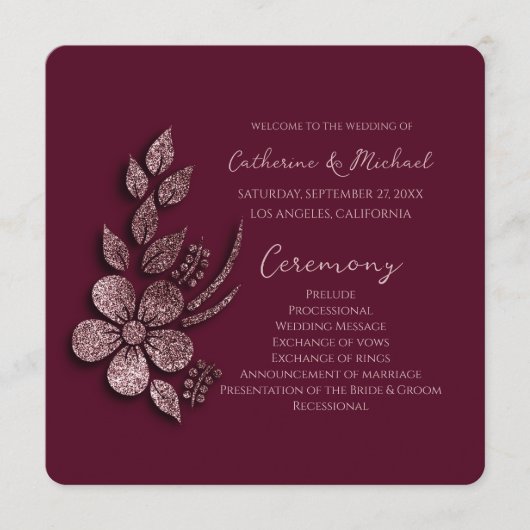 Modern Elegant Roos Gold Glitter Floral & Burgundy Programmakaart (Voorkant)