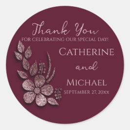 Modern Elegant Roos Gold Glitter Floral & Burgundy Ronde Sticker